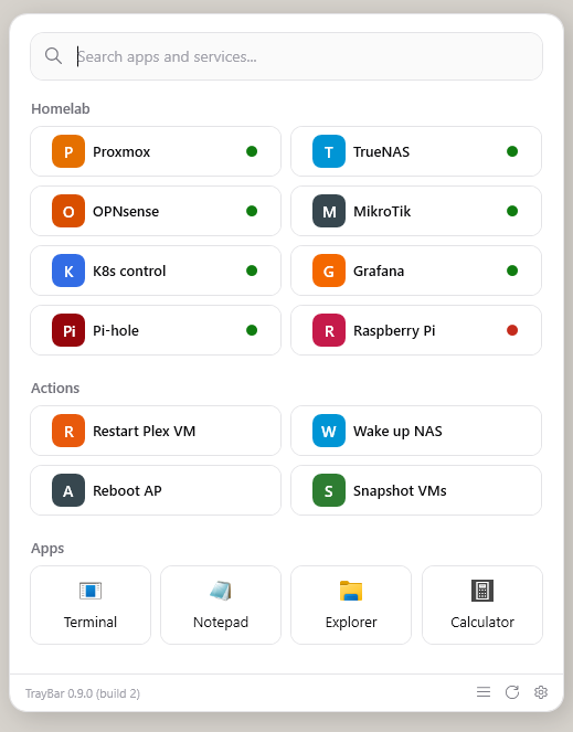 TrayBar flyout in cards mode with homelab services and action buttons