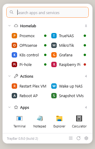 TrayBar flyout showing homelab services with live status badges and one-click actions like restarting a VM