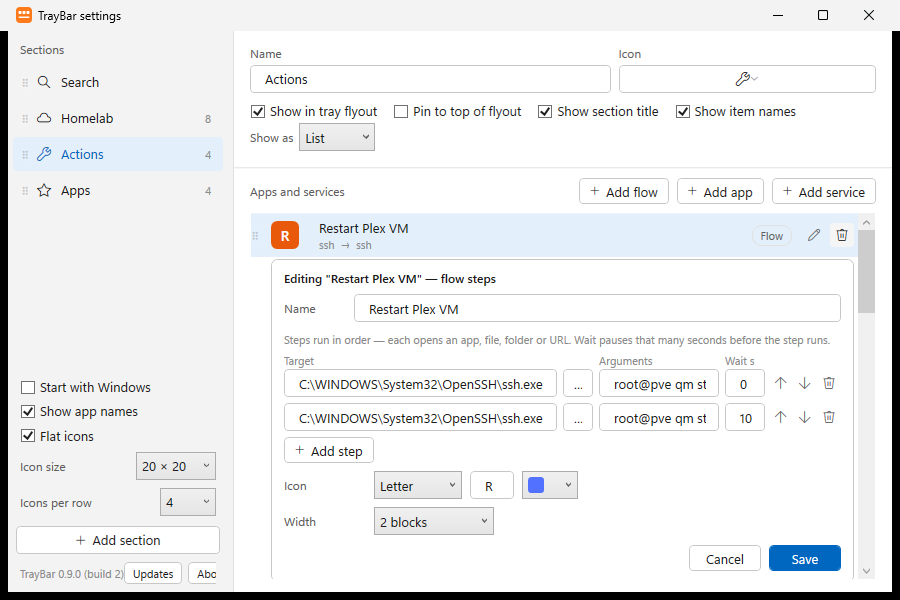 Editing a TrayBar flow that restarts a Proxmox VM over ssh in two steps