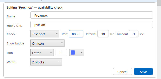Editing a Proxmox availability check in TrayBar: host, port, check method, interval